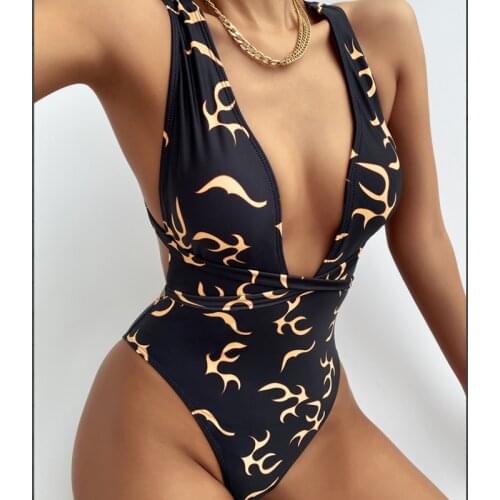 Deep V Sexy Swimsuit with Mysterious Black BIKINI New One-piece Ladies Swimsuit with Printed Flame Pattern Strap Sexy Bikini