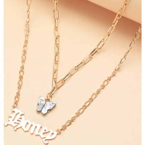 Popular Fashion Layered Necklace Girls Cute Butterfly Double Layer Letter Alphabet Babygirl Pendant Necklace Jewelry For Women