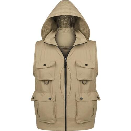 Quick Drying Photography Reporter Vest for Male Removable Back Multi Pockets Hooded Waistcoat Hiking Fishing Jackets Size L-XXXL