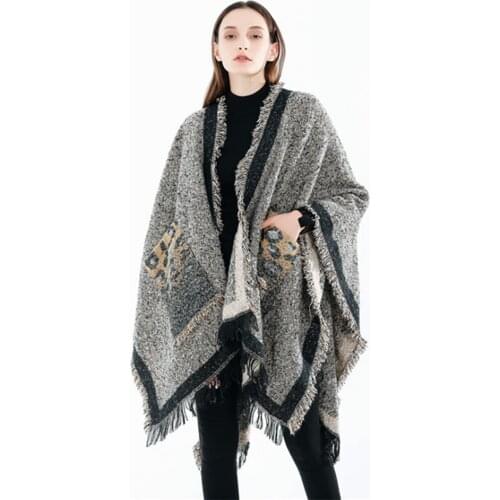 Winter Printed Long Shawl Leopard Print Pocket Fashion Fringed Edge Warm Imitation Cashmere Street Shawl