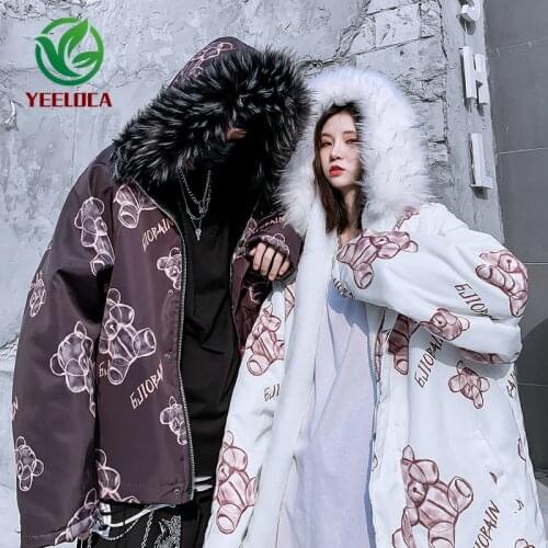 2019 Winter Cartoon Bear Cute Hip Hop Parkas Fur Collar Coat Men Women Leisure Harajuku Oversized Thickening Plus Velvet Jacket