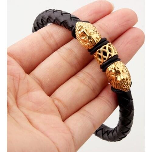 8mm High Quality Stainless Steel Gold Ton Double Lion Biker Jewelry Black Genuine Leather Wristband Mens Bracelet Bangle 8.66"