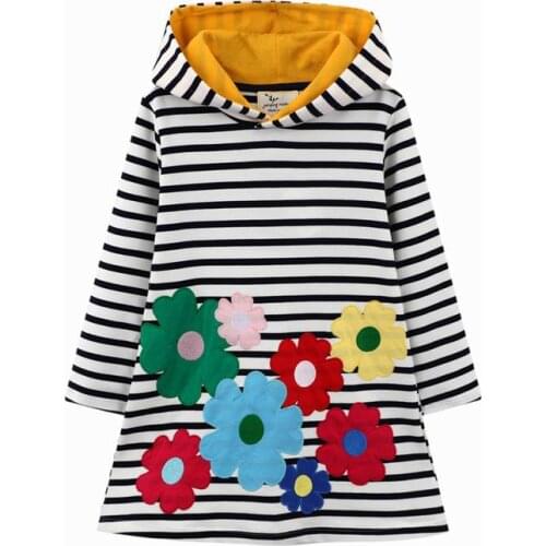 Jumping Meters Autumn Winter Girls Flowers Embroidery Hooded Long sleeve Dresses Stripe Childrens Cotton Casual Toddler