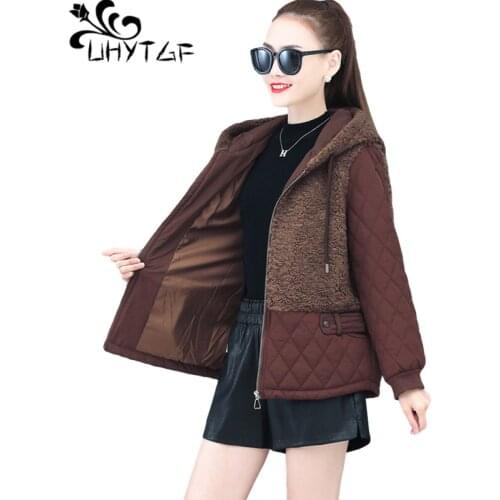 UHYTGF Winter Jacket Womens Fashion Hooded Stitching Lambswool Parker Female Warm Cotton Coats Thicken Plus Size Outerwear 1386