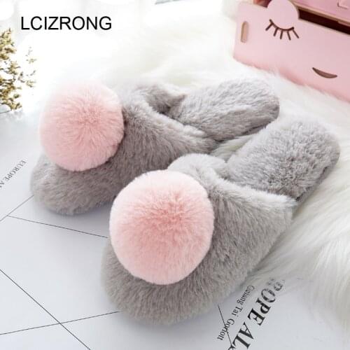 LCIZRONG Winter Cute Hairball Plush Home Slippers Women Warm Soft House Slippers Comfortable Non-slip Family Slippers Spring