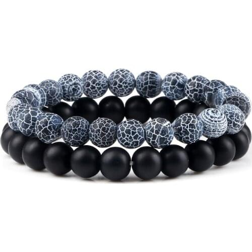 2pcs Men Beads Bracelet Natural Crack Weathered Stone Black Onyx Bangles Stretch Couple Distance Bracelets Yoga Wrist Jewelry