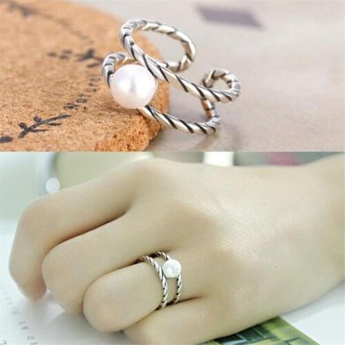 New Retro Simple Fashion Twist 925 Sterling Silver Jewlery Personality Double-layer Literary Pearl Creative Opening Rings SR640