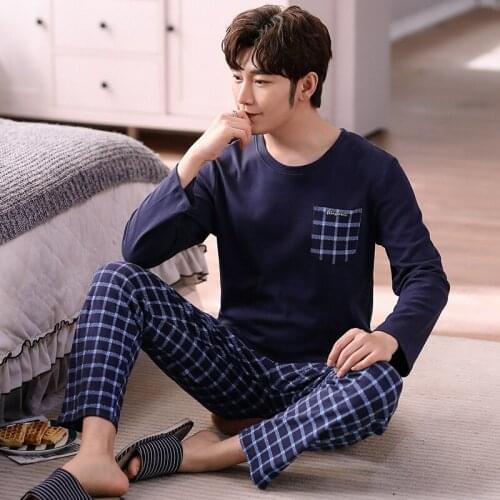 2021 Autumn Long Sleeve Casual Plaid Cotton Pajama Sets for Men Korean High Quality Sleepwear Suit Pyjamas Male Homewear Clothes