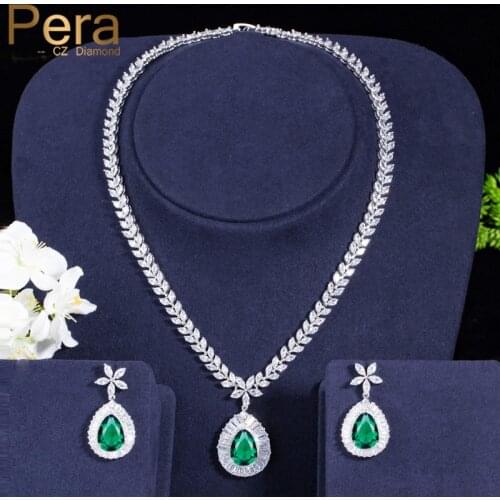 Pera Luxury Brilliant Green Cubic Zirconia Dangle Drop Necklace Earring Costume Jewelry Sets for Bride Wedding Accessories J183