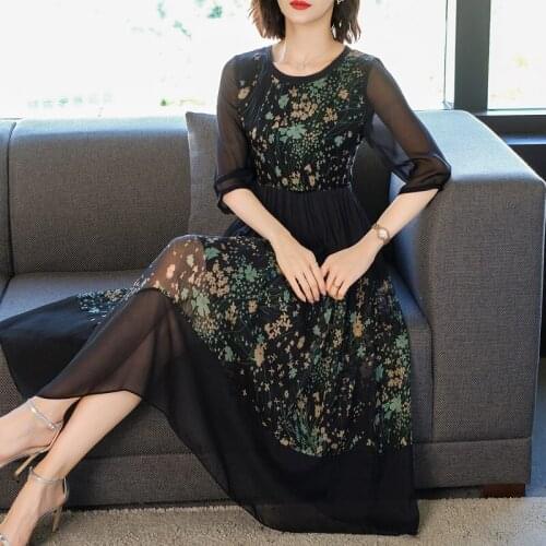 Dress Female Summer 2020 New Retro Lady Temperament High-end Black Floral Mesh Patchwork Midi Dress Elegant Party Vestidos K690