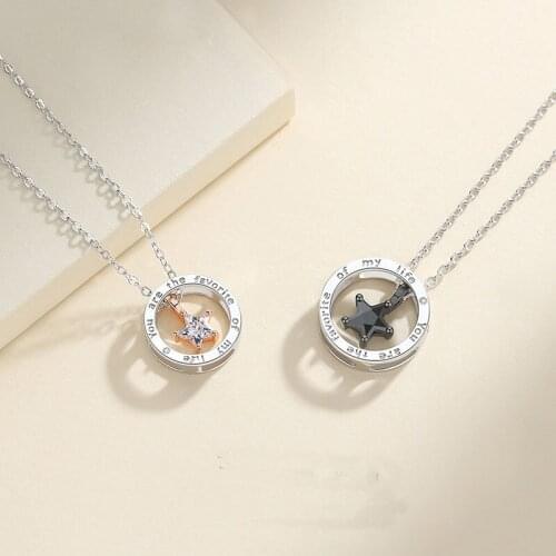 S925 Sterling Silver Romantic Couple Necklace Mini Star Rhinestone Pendant Necklace Clavicle Chain Circle Pendant Jewelry Gift