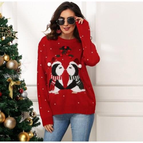 Christmas Knitted Women Sweater Winter Penguin O Neck Long Sleeve Loose Casual Tops Pullover Knitwear Fashion Sweaters