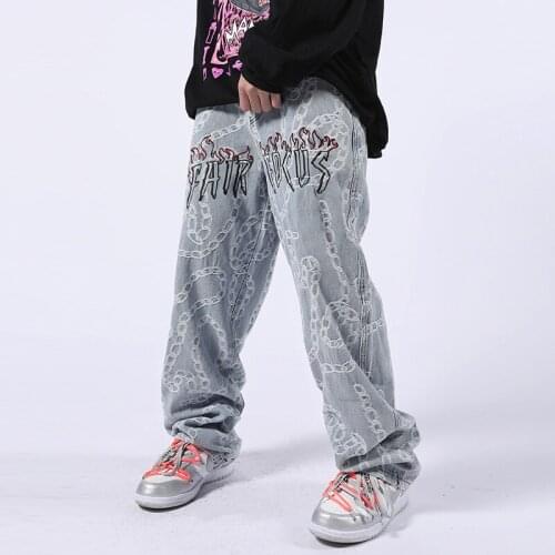 Harajuku Flame Letter Embroidery Chain Ripped Jeans Pants for Men and Women Vibe Style Washed Oversize Casual Denim Trousers