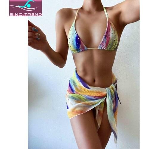 New Rhinestones Halter Bikini Set Women Print Tie Side Swimwear Female Three-pieces With Sarong Swimsuit Sexy Bathing Suit