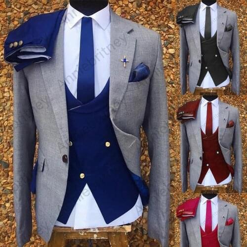 3 piece Gray Wedding Tuxedo for Men Formal Man Suits Set Jacket Double Breasted Waistcoat with Royal Blue Pants Male Fashion