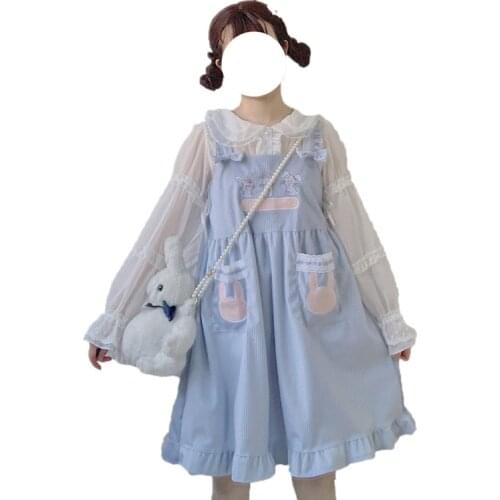 Japanese Vintage Teens Girl Corduroy Dress Mori Girl Lolita Kawaii Bunny Pink Overalls Harajuku Cute Rabbit Bow-knot Strap Dress