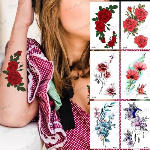 Waterproof Temporary Tattoo Sticker Rose Flower Leaf Green Color Realistic Body Art Tatto Arm Fake Tatoo Man Woman Child Tattoos