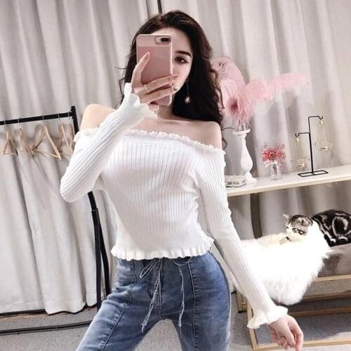Women T-shirts Sexy Fashion Tees Female Tops Long Sleeve Ruffle Off Shoulder Solid Color Lady T shirt Autumn Backless Basic