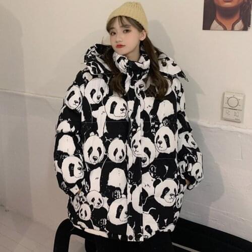 Winter New Cartoon Panda Puffer Jackets Women Harajuku Loose Thick Bubble Coats Female Korean BF Cow Print Oversized Parkas