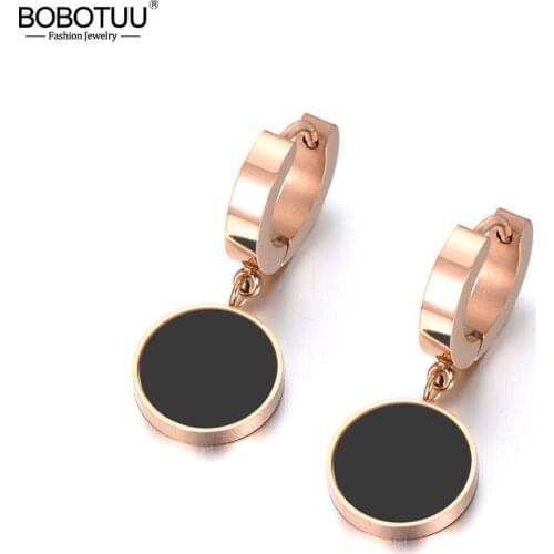 BOBOTUU White Shell & Black Acrylic Hopp Earrings For Women Stainless Steel Jewelry Christmas Party Anniversary Gift BE18042
