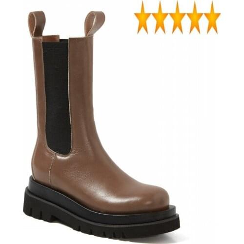 Style Brown Platform England Women 100% Cowhide Real Leather Chelsea Autumn New Round Toe Black Knight Ankle Boots