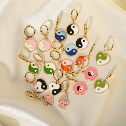 Stainless steel hoop earrings colorful Heart Tai Chi enamel jewelry 18K gold-plated yin and yang women earrings
