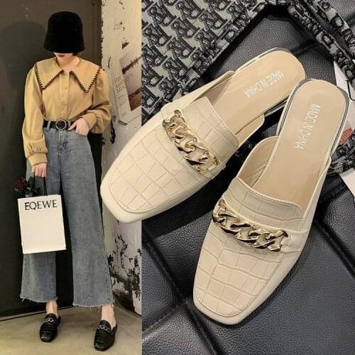 2021 New Chain Mules Women Slides Square Toe Ladies Striped Shoes Summer Fashion Footwear Plus Big Size