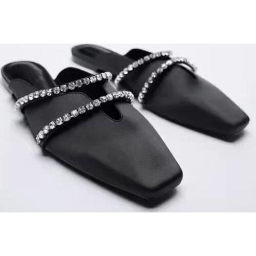 2021 spring and summer new shoes black square head crystal mule shoes casual fashion outer half slippers line beaded shoes women
