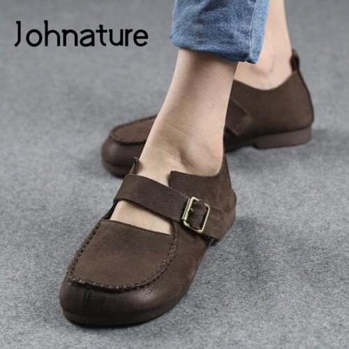 Johnature Flats Women Shoes 2021 New Genuine Leather Spring/Autumn Buckle Strap Shallow Handmade Leisure Concise Ladies Shoes