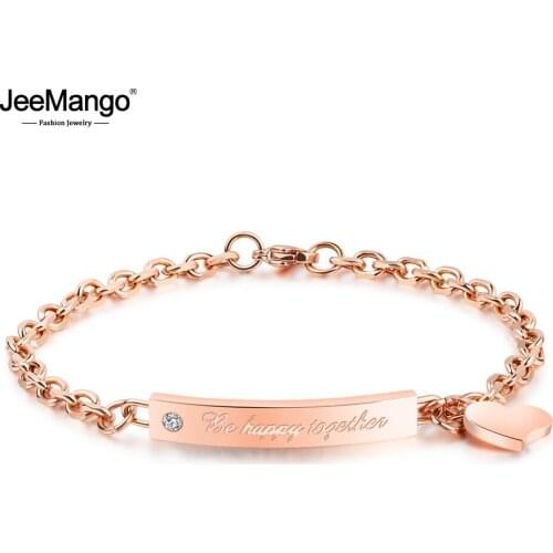 JeeMango Romantic Titanium Steel Love Tag Bracelets Bangles Electroplated Rose Gold Color Female Chain Bracelet Jewelry JB18198