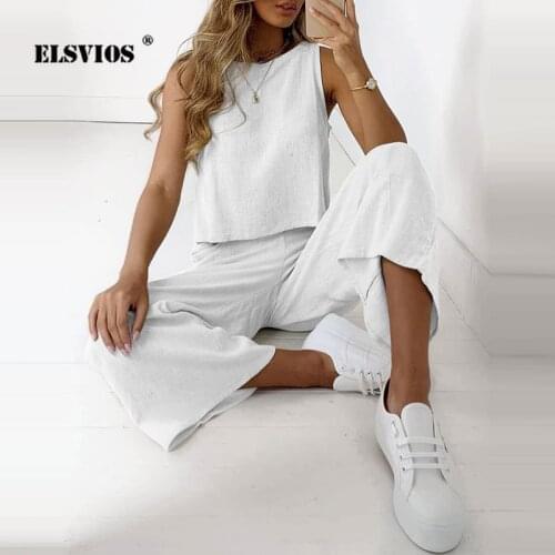 Summer Casual Cotton Linen O Neck Fashion Sleeveless Tank Tops Wide-leg Pants Two Piece Set Elegant Women Solid Color Office Set