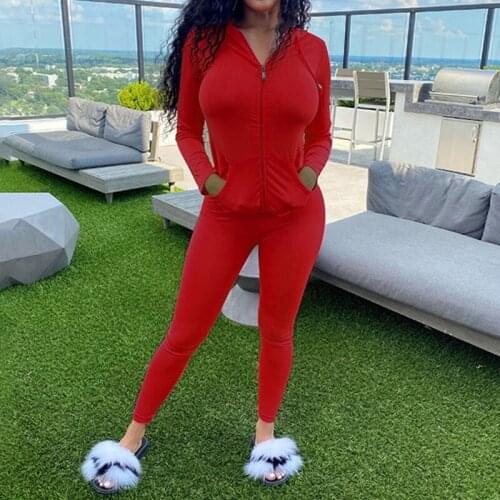 Women 2Pcs Solid Tracksuit Long Sleeve Zipper Hoodies Jacket Skinny Leggings