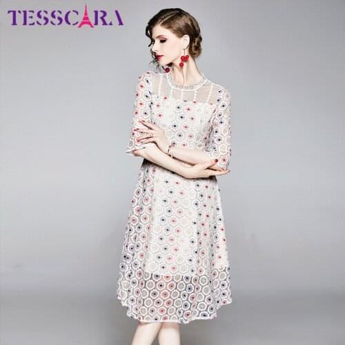 TESSCARA Women Summer Casual Embroidery Lace Dress Festa Female High Quality Elegant Office Party Robe Femme Designer Vestidos