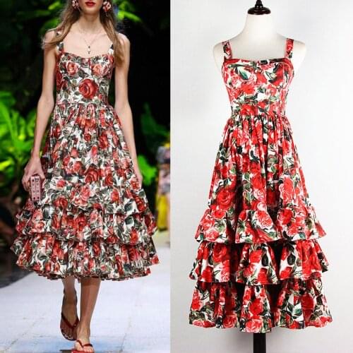 High Quality 2021 Summer New Fashion Red Rose Print Lotus Leaf Side Cascading Cake Type Sexy Harness Beach Style Women Dress