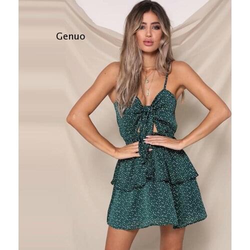 Green Polka Dot Dress Summer Cross V Neck Spaghetti Strap Sexy Wrap Dress Women Bow Knot Backless Ruffle