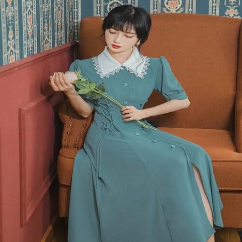 2021 Summer New Arrival High Quality Hot Sale Women Clothing Retro Peter Pan Collar Collect Waist Women Long Dress