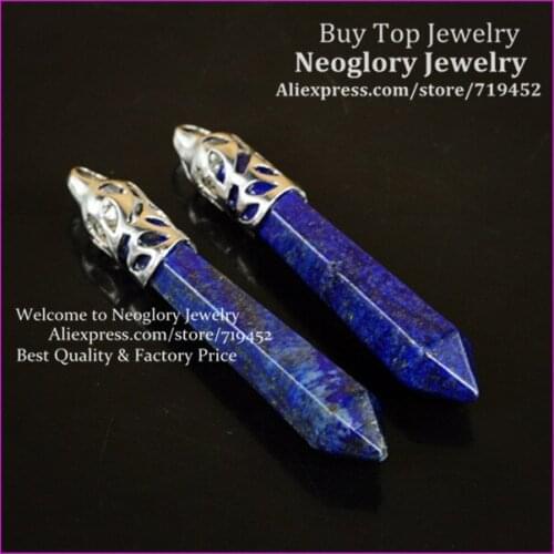 10PCS Natural Lapis Lazuli Blue Gems Long Wand Point Pendulum Pendant,Hexagon Healing Chakra Reiki Druzy Quartz Pendulum Pendant
