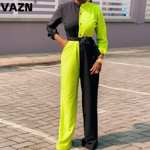 VAZN 2020 Hot Popular Patchwork Young Overalls Elegant Daily Free Full Sleeve Women High Waist Long Slim Wide Leg Jumpsuits