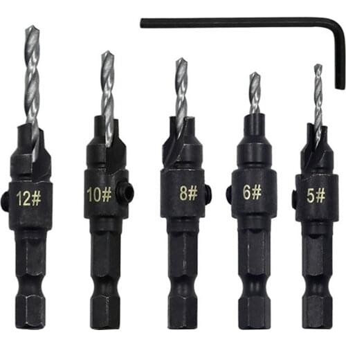 5Pcs Countersink Drill Bits 1/4 Inch Hex Shank + 1Pc Hex Key Metal Woodworking Screw Holes