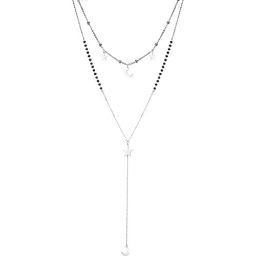 Stainless Steel Women Crystal Long Double Chains Necklace Moon Star Heart Leaf Charms Long Necklace Party Collier Trendy Jewelry