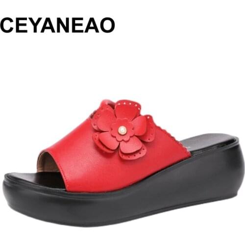 CEYANEAOBig Size 32-43 Floral Medium Heel Beach Shoes Women Slippers 2021 Summer Fashion Casual Platform Wedges Slippers Mother