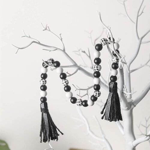 Wood Bead Garland with Tassels Rustic Tiered Tray Christmas Decorations Black Whiite Wooden Bead with Plaid Tassel