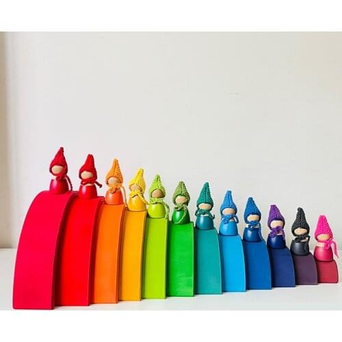 Kids Rainbow Peg Dolls with Knitting Hat Baby Pretend Play Unfinished People Figures Shape Montessori Wooden Educational Toys