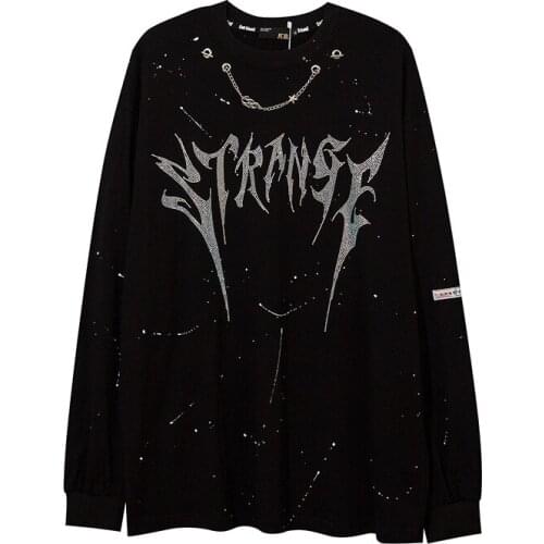 Chain Letter Hot Drilling Bottom T-shirt for Men Women Streetwear Hip Hop Brand Loose Long Sleeve Tops Tshirt Oversize Tee