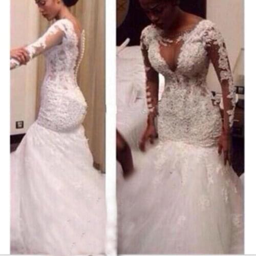 Kleid Robe De Mariee White Lace 2021 Mermaid Long Sleeves Beaded Gown Bride Bridal Gown Bruidsjurken Bespoke Wedding Dresses