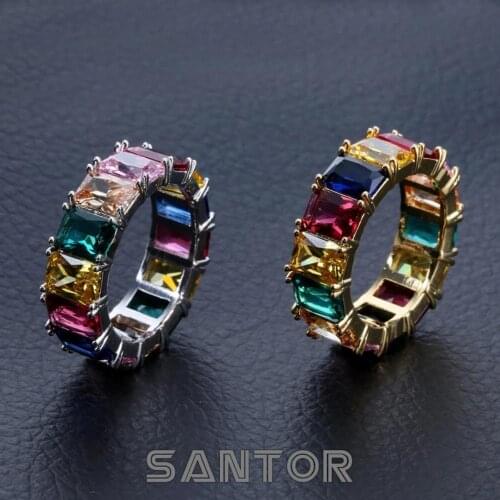 Hip Hop Colorful Baguette Stone Bling Gold Plated Ring For Men Women Gift