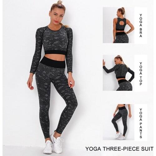 Yoga Suit Seamless Slim Yoga Pants Workout Suit Outdoor Quick-Drying Camouflage Sports Bra Long Sleeve Pants Three-Piece Set