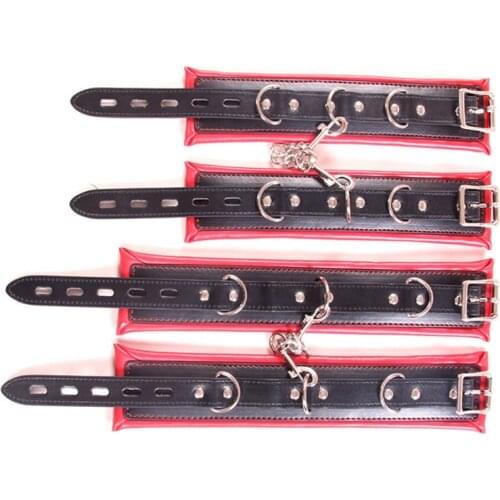 Soft Padded Red&Black PU Leather Bondage Kit, Soft Hands Cuffs & Ankle Cuffs,BDSM Bondage Restraints Sex Toys Set For Couples