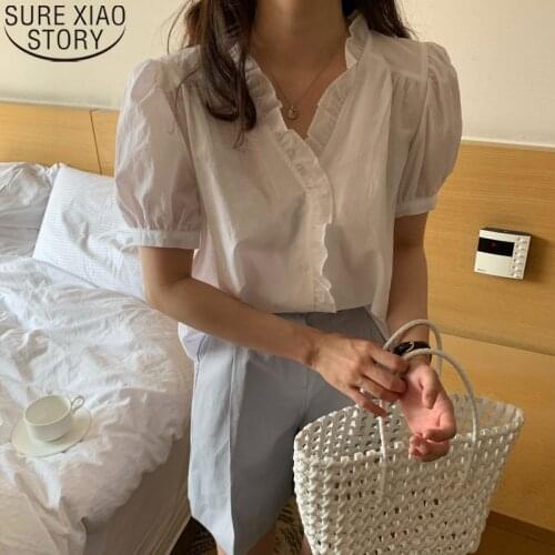 New White Blouse Women Ins Korean Sweet Ruffles V-neck Summer Short Sleeve Button Up Shirt Women Tops Puff Sleeve Blusas 14145