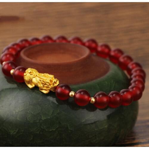 NEW Pure 24K Yellow Gold Bracelet Womans Elegant Pixiu & Red Black Agate Bracelet 16cmL